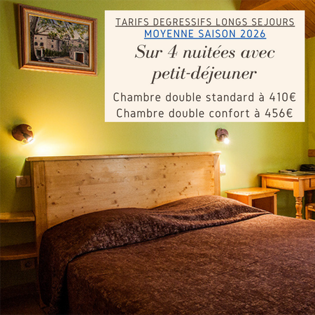 annonce des tarifs degressifs sur 4 nuits avec petit déjeuner chambre double moyenne saison