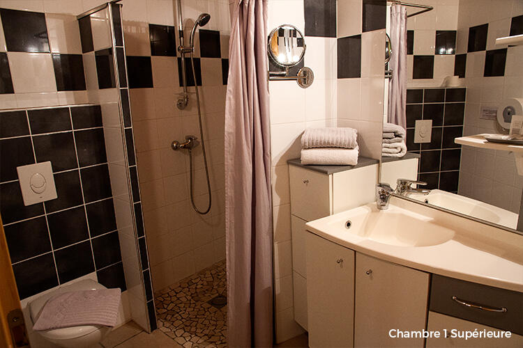 Salle de bain moderne avec douche à l'italienne et sèche cheveux
